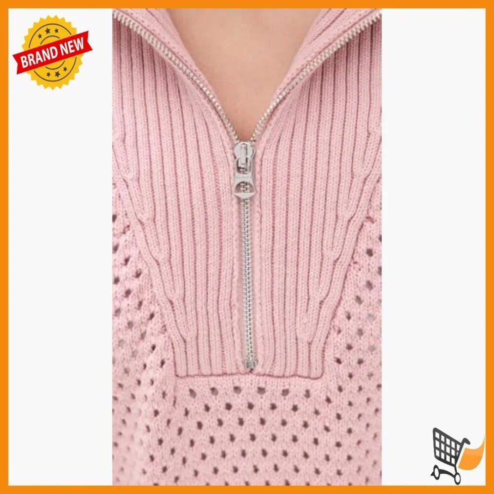 Cropped Half Zip Cotton Sweater, Loose Fit, Short Sleeve Pullover